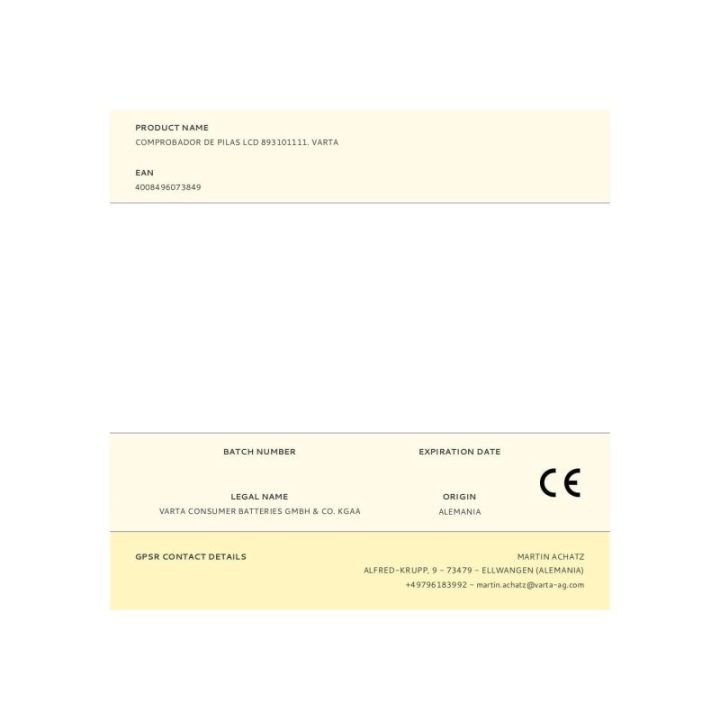 COMPROBADOR DE PILAS LCD 893101111. VARTA | HogarLider