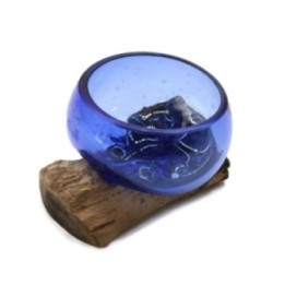 Mini Tazón Azul de Vidrio Fundido sobre Madera | HogarLider