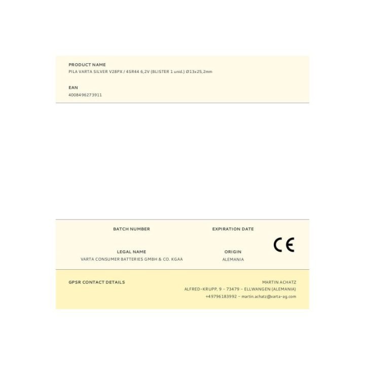PILA VARTA SILVER V28PX / 4SR44… · EL3-38692 | HogarLider